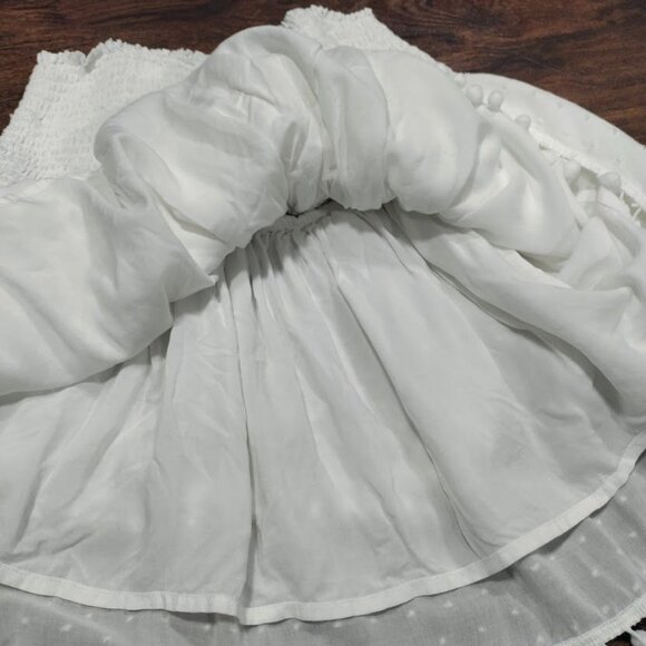 Aqua White Smocked Hips Pom-Pom Trim Ruffled Tiered Mini Skirt Size Large - Picture 5 of 9